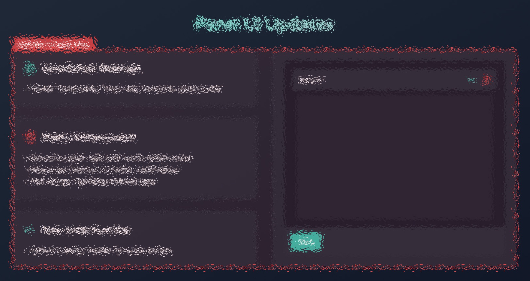 Panel UI Updates mockup, intentionally blurred. It outlines three changes: the save button redesigned and moved to a sticky footer, a delete enhancement moved to the upper right with a confirmation modal and a red overlay highlighting the deletion area, and a new undo function added to the sticky header.