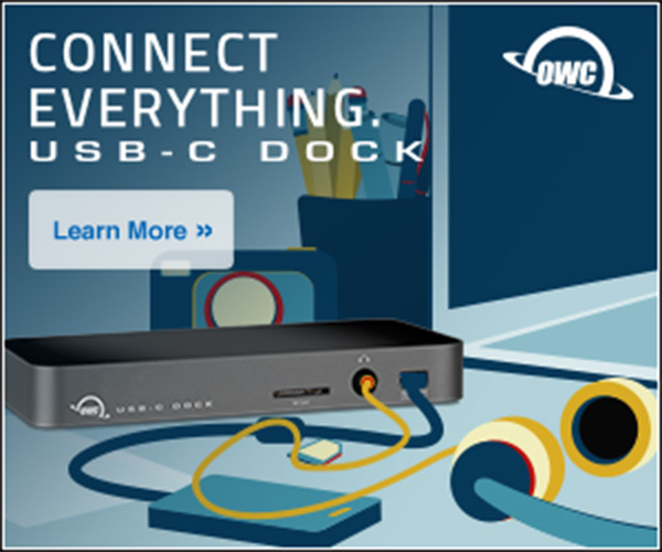 Connect Everything digital ad for the OWC USB-C Dock. Illustration of the dock with cables running to a keyboard, headphones, and accessories, with a Learn More button and the OWC logo.