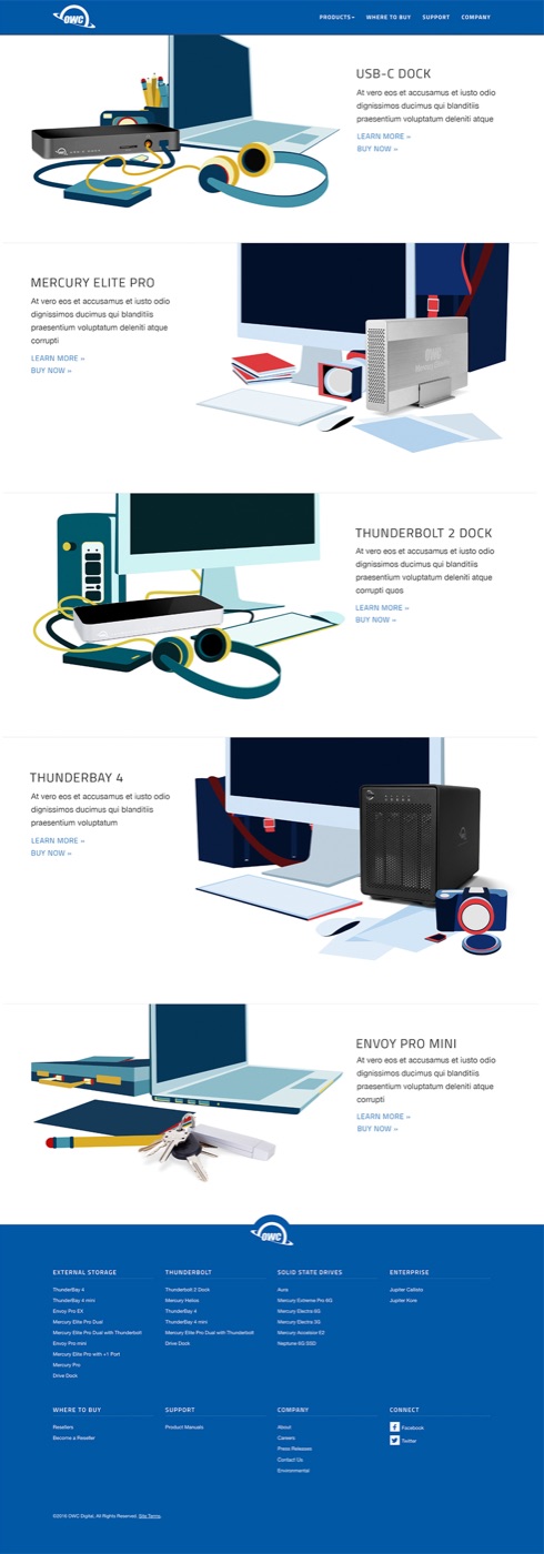The Connect Everything landing page from top to bottom, with the OWC nav bar at top and five product bands below: USB-C Dock, Mercury Elite Pro, Thunderbolt 2 Dock, ThunderBay 4, and Envoy Pro Mini, each pairing product illustration with a short description and Learn More and Buy Now links, ending in the OWC site footer.