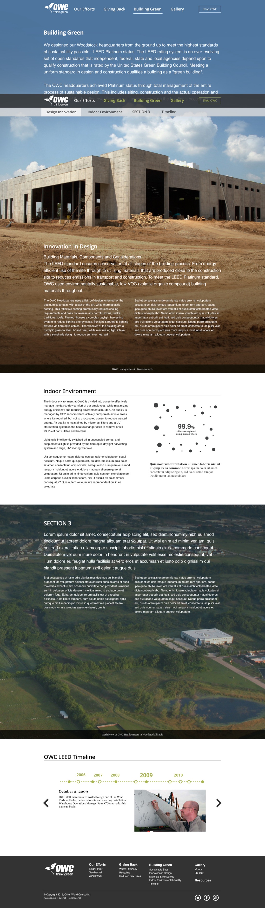 The Think Green Building Green page from top to bottom, covering LEED Platinum design innovation over a construction photograph, an indoor air quality infographic, an aerial site photograph, and an interactive LEED timeline.