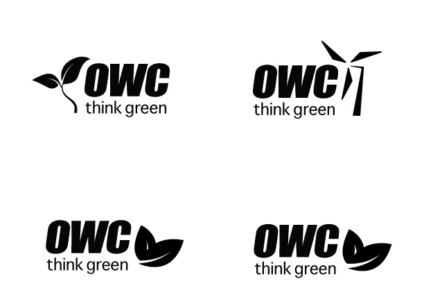 Four Think Green logo explorations, each pairing the OWC wordmark with a natural element, a sprout, a wind turbine, and two leaf shapes.