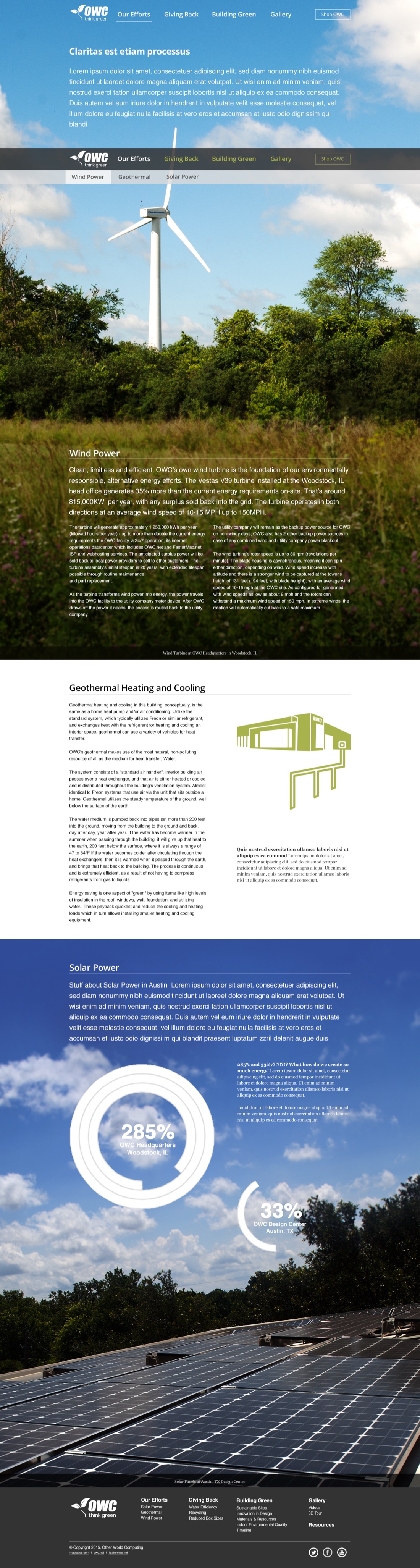 The Think Green Our Efforts page from top to bottom, moving through Wind Power with a turbine photograph, Geothermal Heating and Cooling with an illustrated diagram, and Solar Power with donut-chart data visualizations over a solar panel photograph.