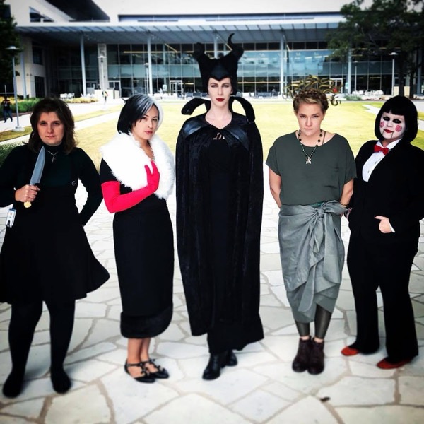 April and coworkers in Halloween costumes outside the Apple Austin campus