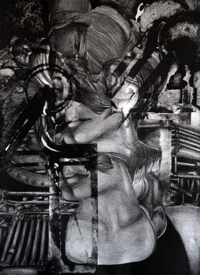 Stone lithograph, figure layered over industrial machinery