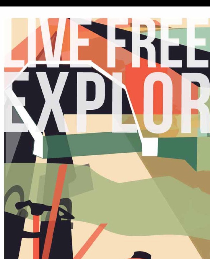 Live Free and Explore, a New Hampshire tourism poster in greens and orange