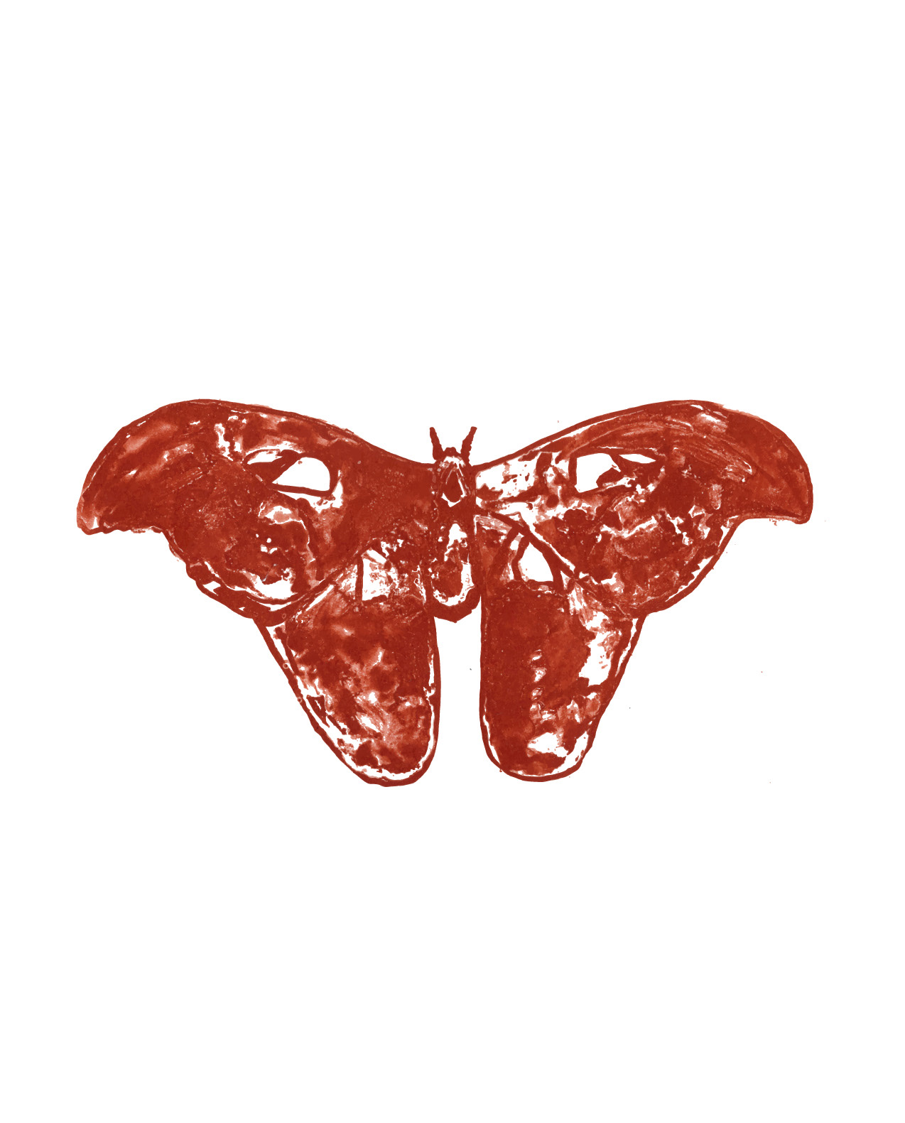 Atlas, a Pronto plate lithograph. A red Atlas moth, wings spread, printed in a single deep rust ink.
