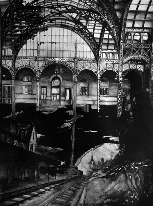 Dear Walter, piece I. A vaulted glass and iron train station, a figure standing at the edge of the tracks.