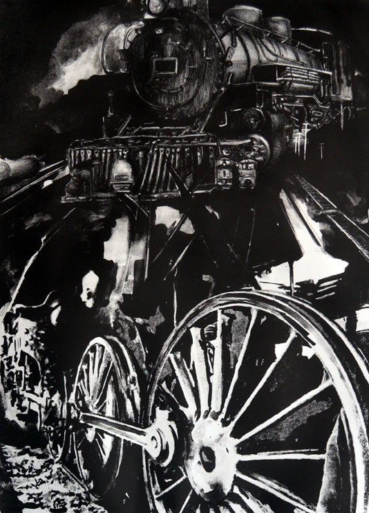 Dear Walter, piece II. A locomotive's wheels and steam filling the frame close up.