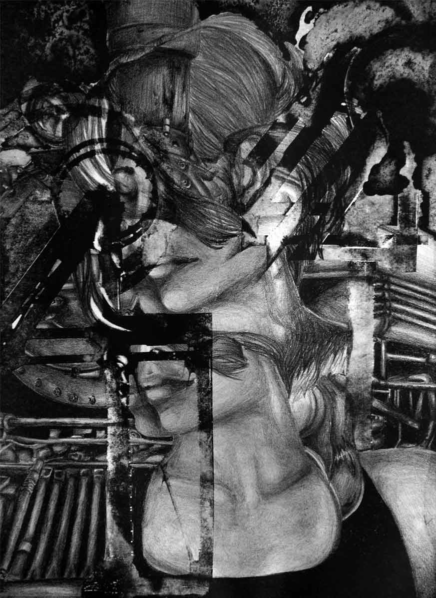 Dear Walter, piece III. A figure's face emerges through gears and machinery, steam and light around them.
