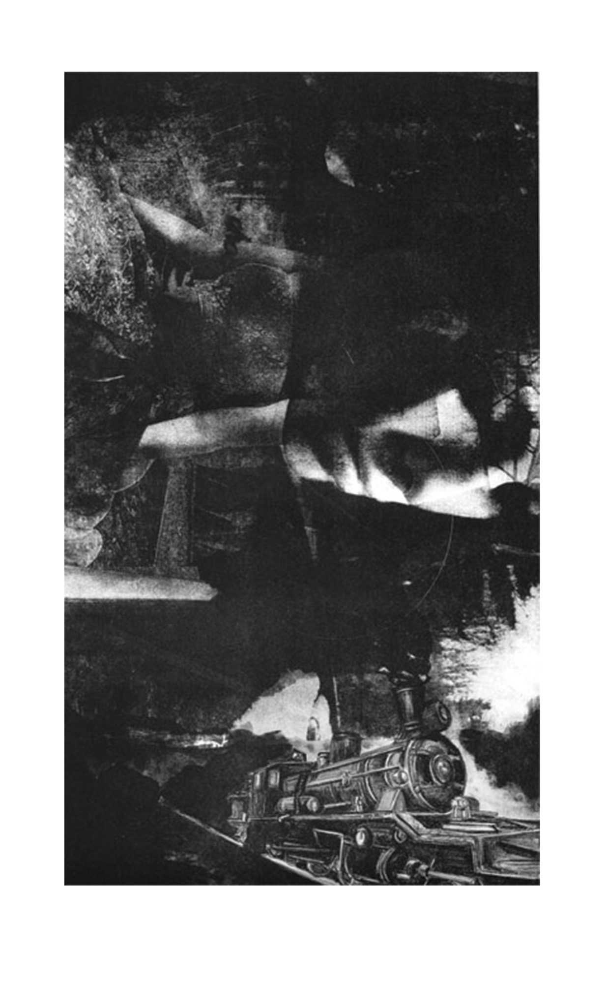 I Miss Your Trains, a stone lithograph. A figure's face merges with a steam locomotive emerging from smoke and forest.