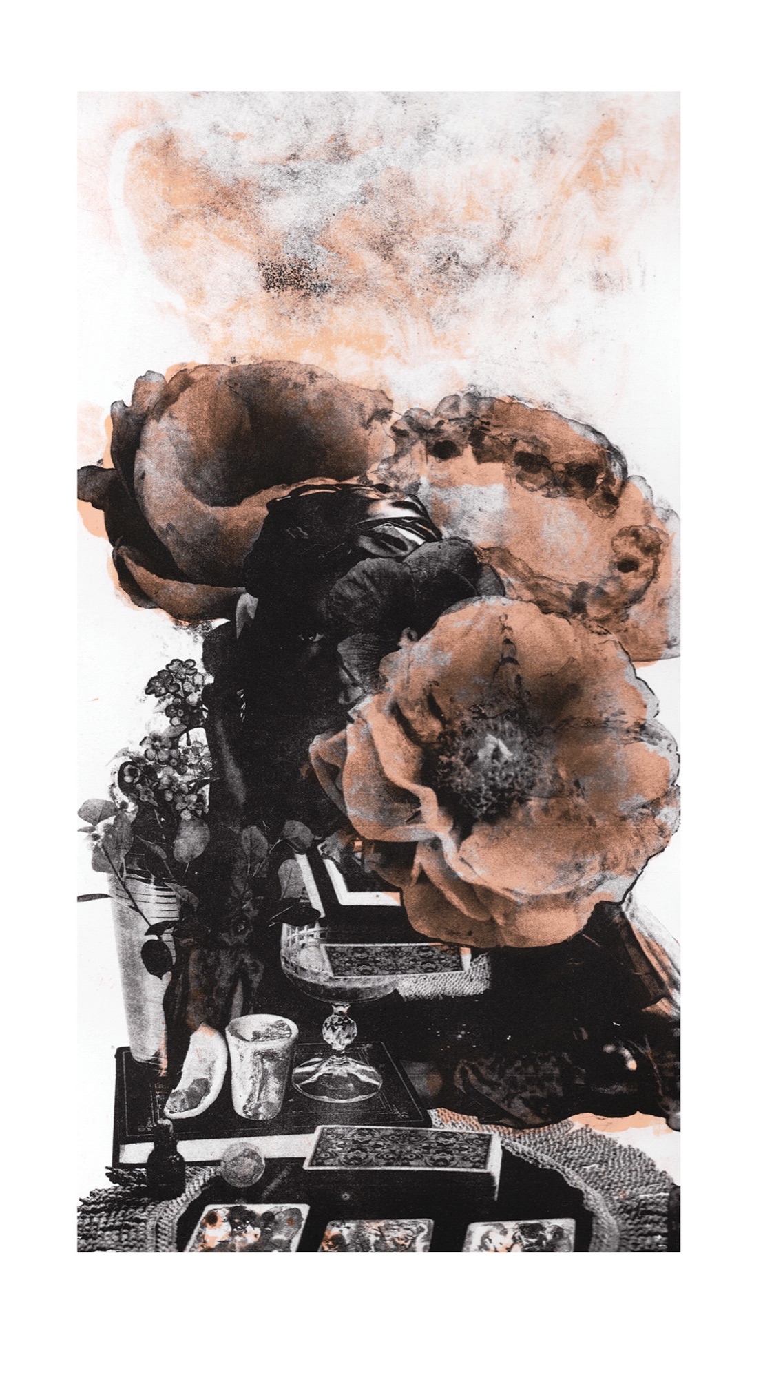 Intuition, a Pronto plate lithograph. A flora-wrapped tarot reader's table, cards, a crystal glass, and a candle, framed by large peony blossoms.