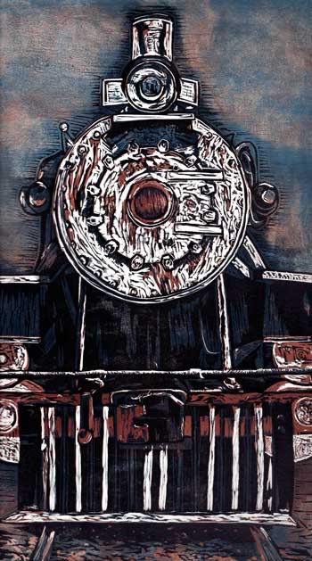 Line 41897, a reductive linocut. A steam locomotive's circular headlight and grille, in deep blues, rusty reds, and stark whites.