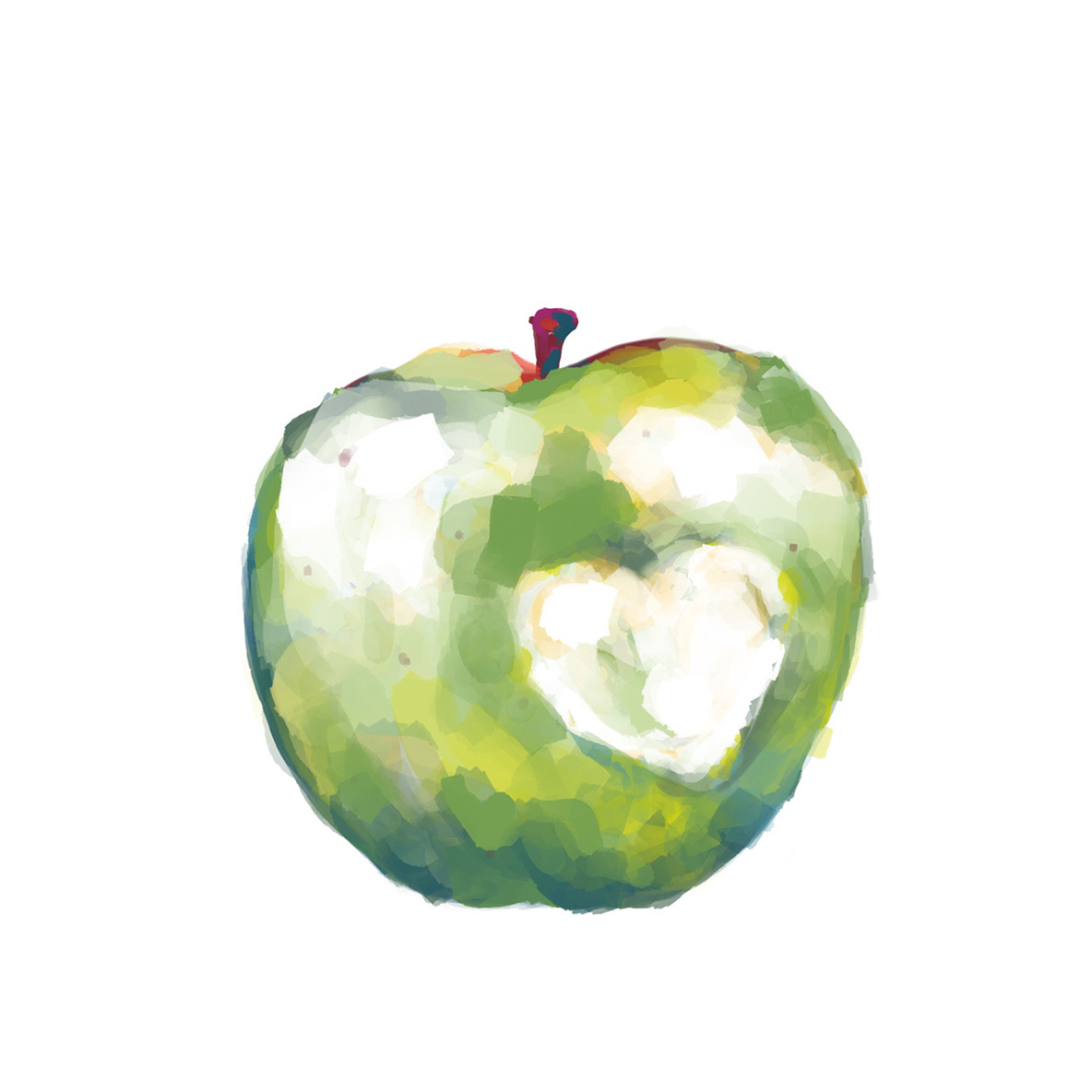 Apple, first pass. A green apple with a heart-shaped bite taken out, softly rendered.