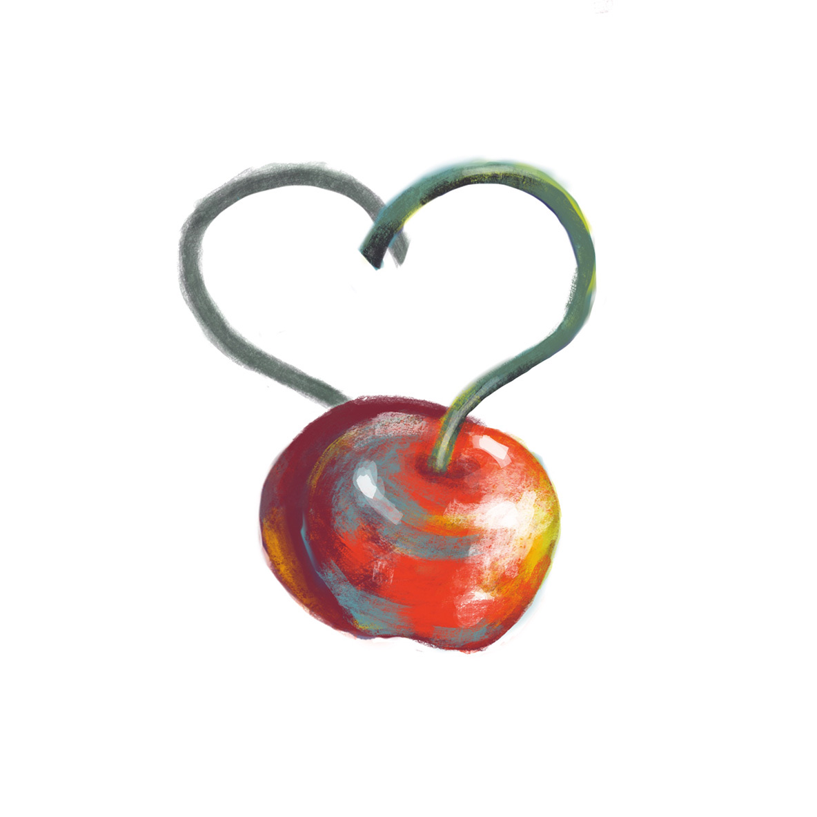 Cherry, first pass. A single cherry with its stem curled into a heart shape.