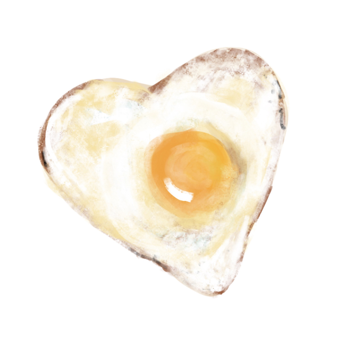 Egg, first pass. A fried egg rendered in a heart shape, soft and muted.