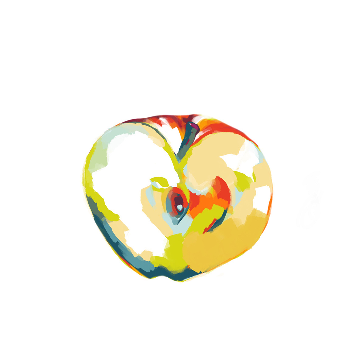 Apple, second pass. An apple cut in half, its core forming a heart, rendered in bolder color and light.