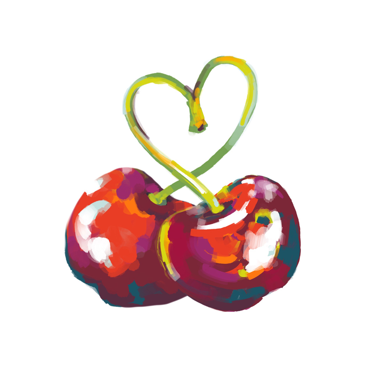 Cherry, second pass. A pair of cherries with stems curled into a heart shape, rendered in bolder color.