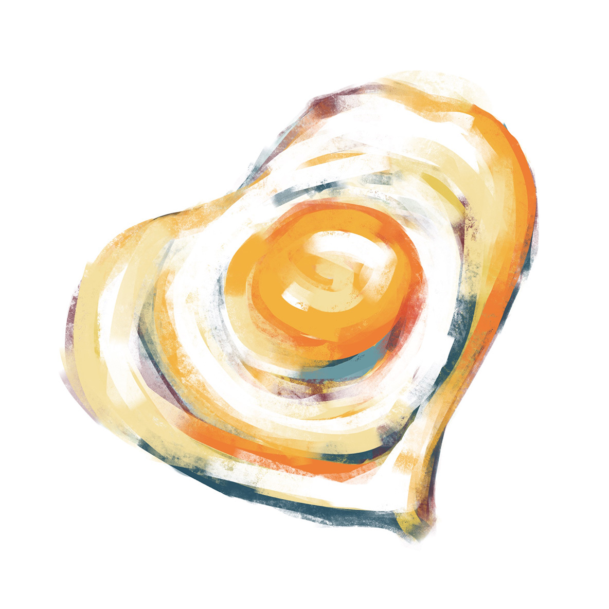 Egg, second pass. A fried egg rendered in a heart shape, bolder color and more texture than the first pass.