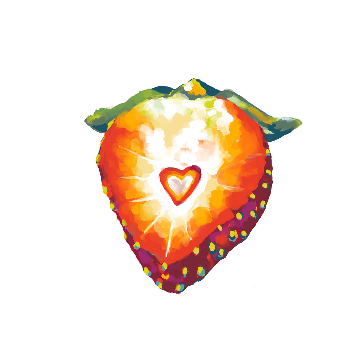 Strawberry, second pass. A strawberry cut open, a glowing heart at its center, rendered with more light and confidence.