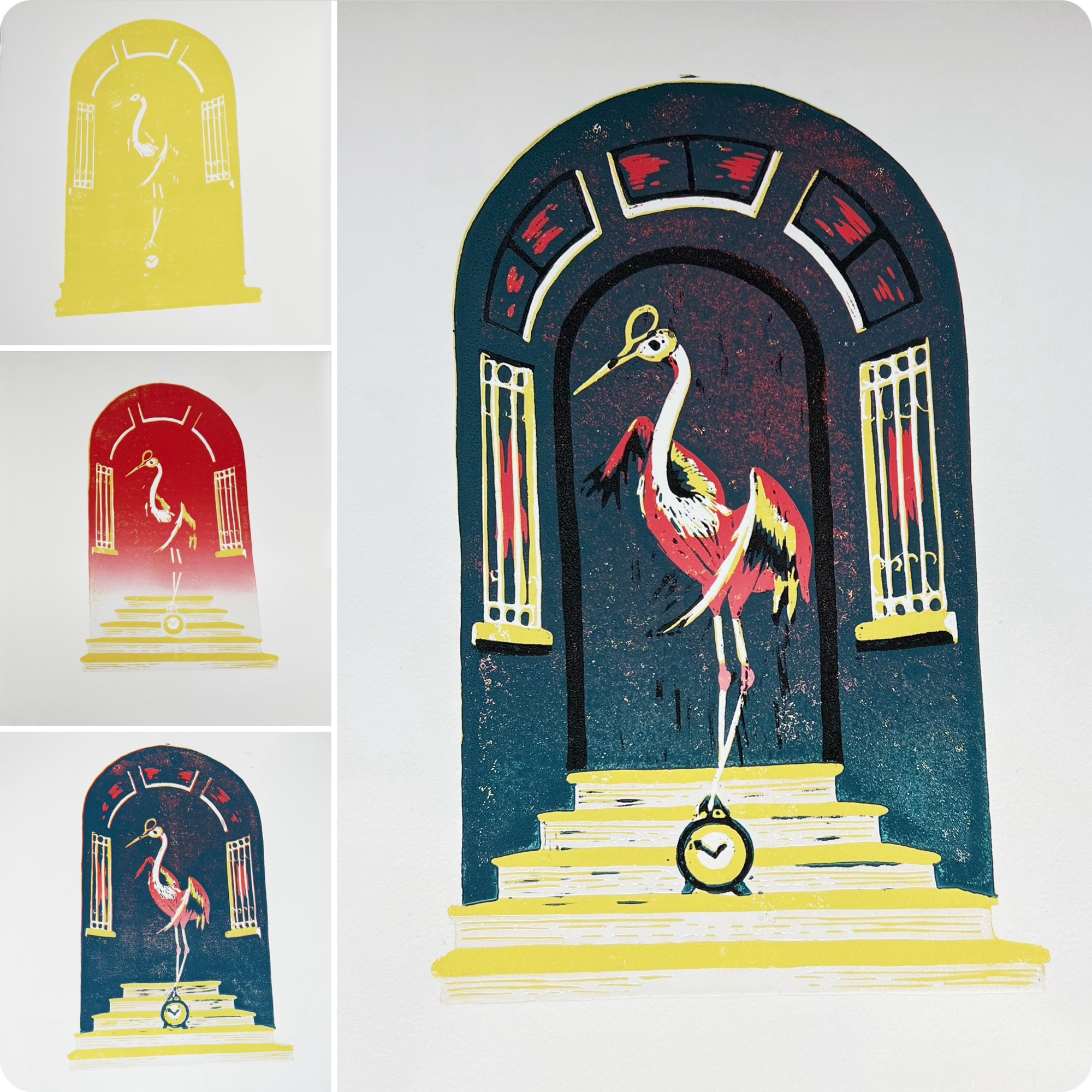 Precarious Flamingo's carving layers side by side: yellow alone, yellow with red added, and the finished print with dark blue and black added last.