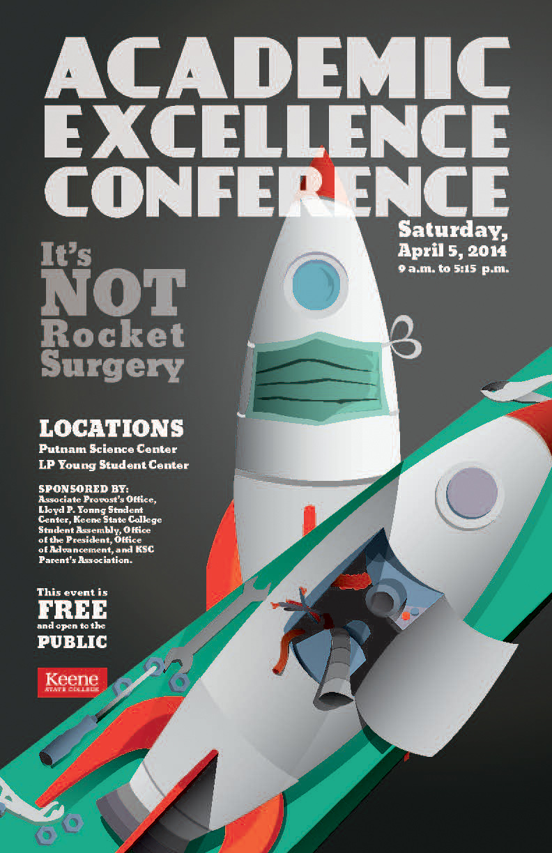 It's not Rocket Surgery, an Academic Excellence Conference poster. Two illustrated rockets, one intact, one cracked open and under repair with a wrench and screwdriver.