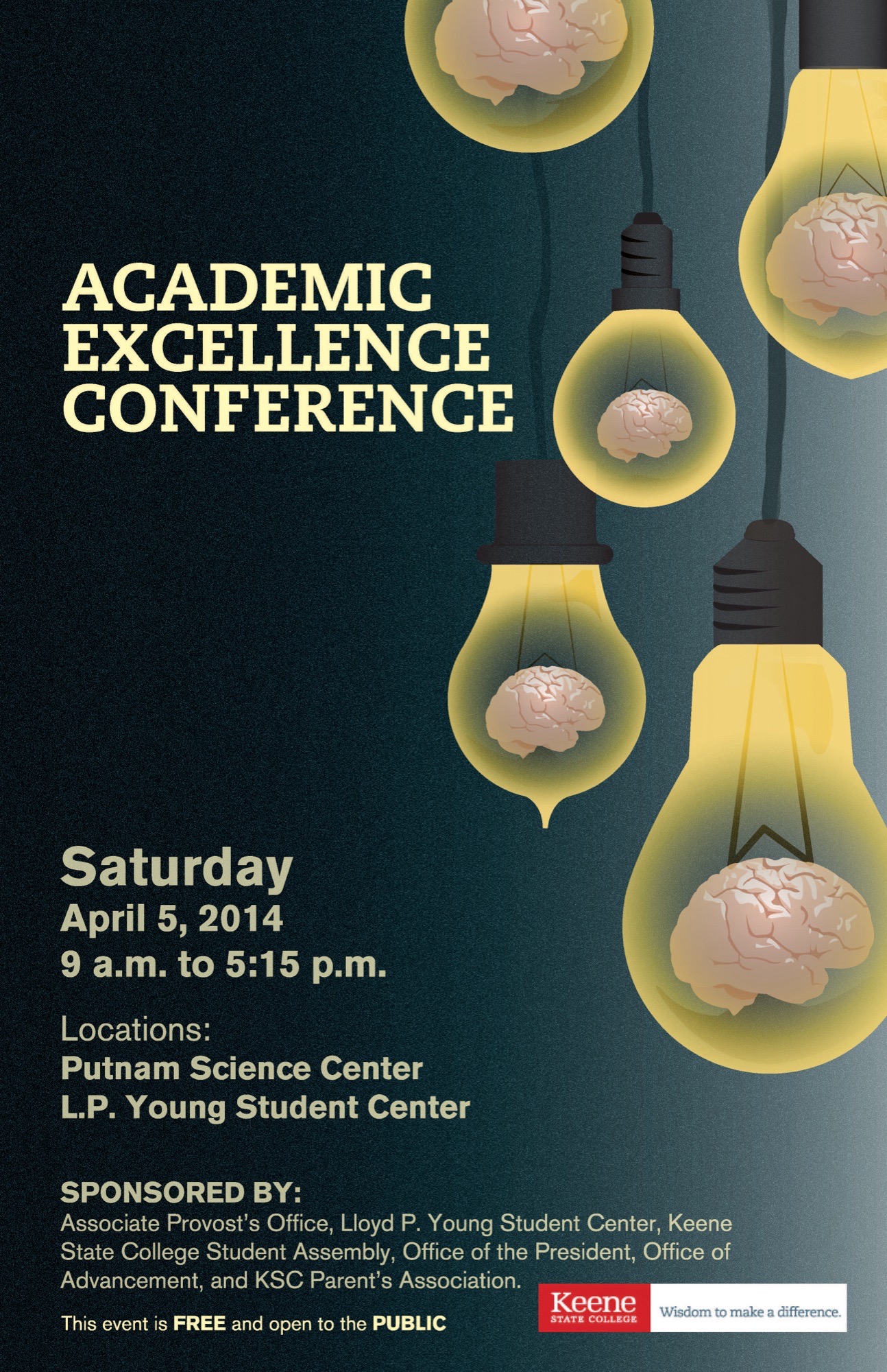 Suddenly, an Idea!, an Academic Excellence Conference poster. A row of glowing lightbulbs, each with an illustrated brain lit up inside.