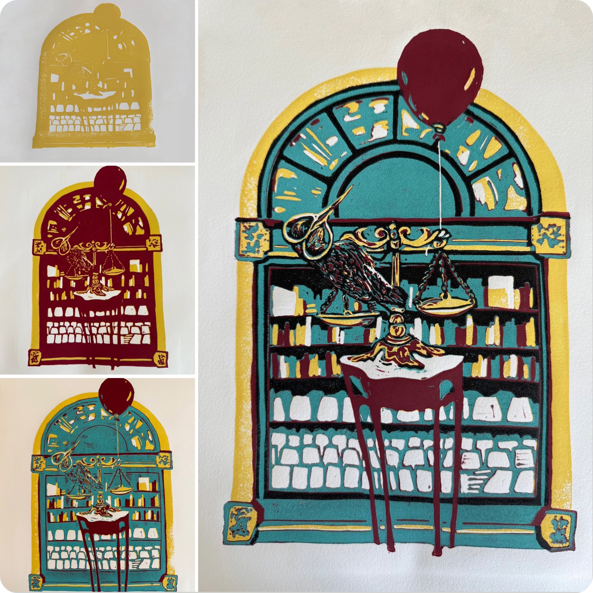 Sunbird Saboteur's carving layers side by side: yellow alone, yellow with maroon added, and the finished print with teal and black added last.