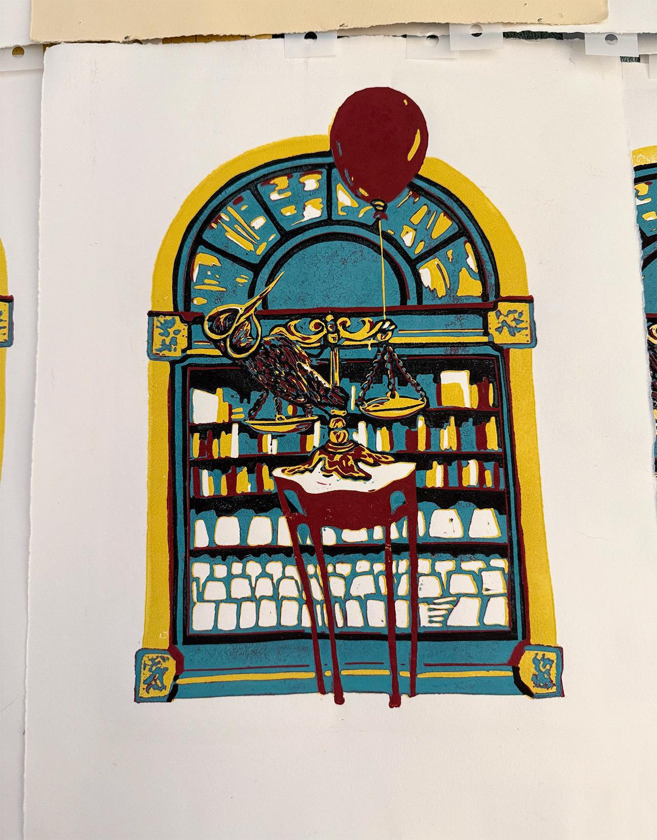 Sunbird Saboteur, a reductive linocut. A bird with scissor beaks balances a scale in front of a bookshelf, a red balloon tied to its beak.