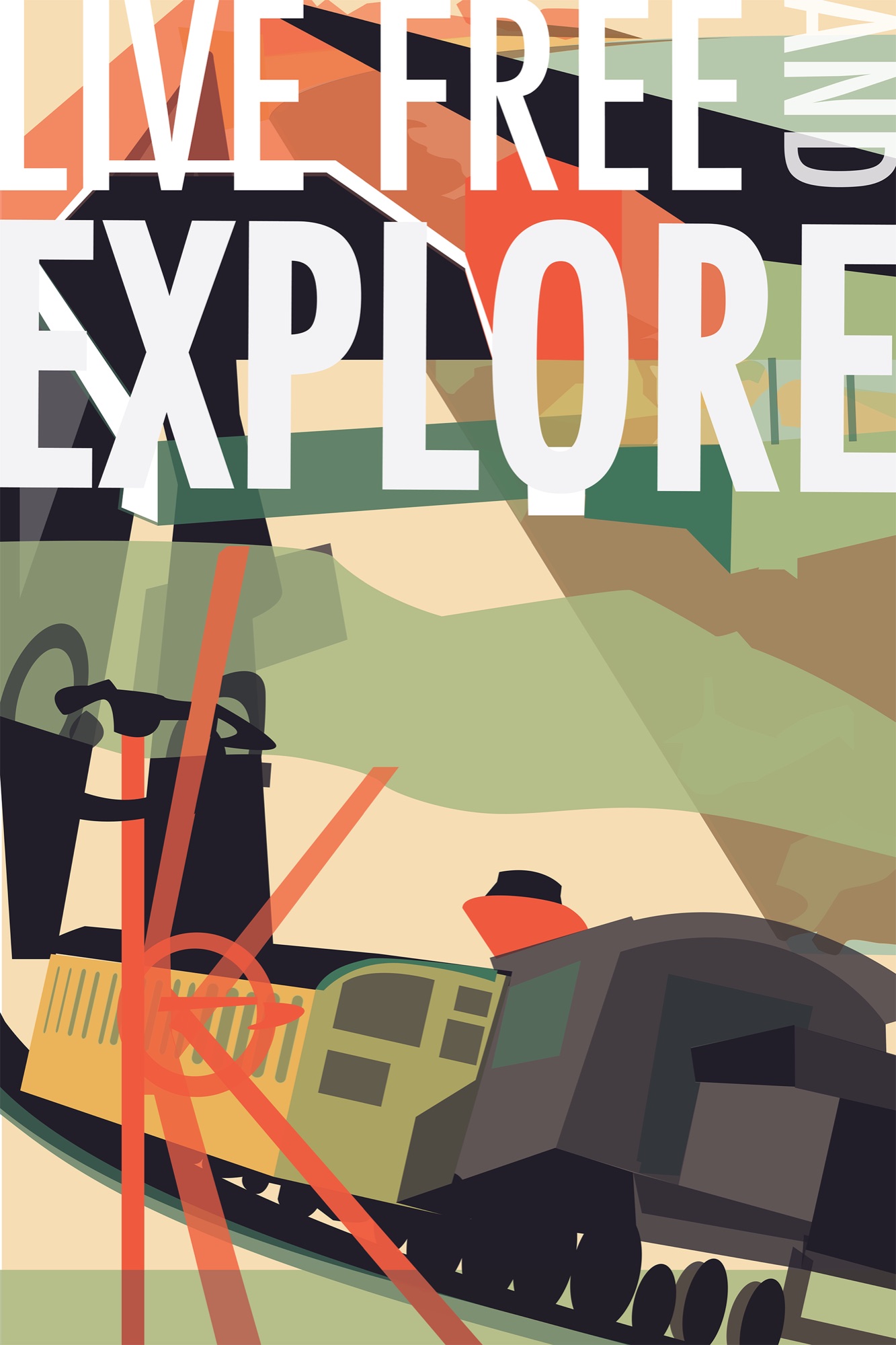 New Hampshire travel poster, Live Free and Explore. A vintage train winding through green hills, in cream, orange, and forest green.