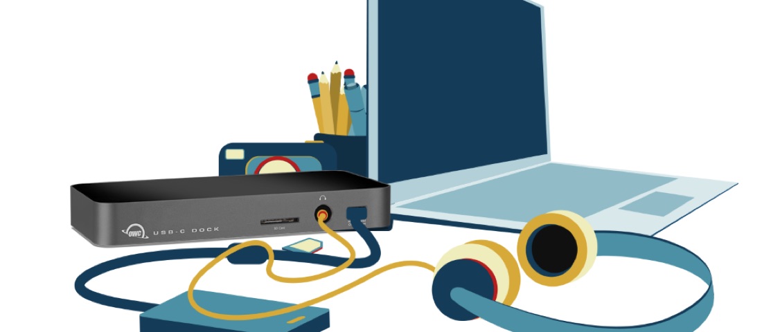 Connect Everything campaign illustration: the OWC USB-C Dock with cables, headphones and a laptop